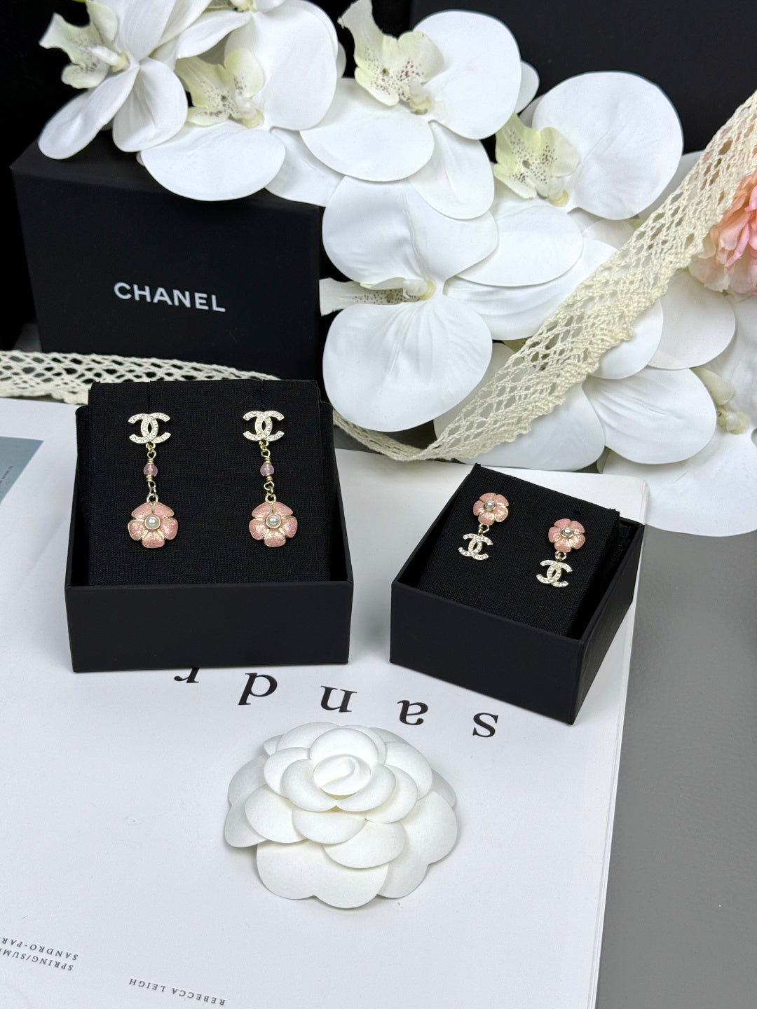 [Stars Jewelry]26C Pink Camellia Enamel Pendant with Double C Earrings