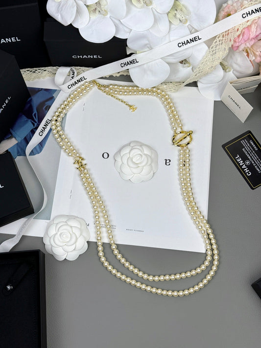 [Stars Jewelry]25K Pencil Double C Double-Layer Pearl Sweater Chain