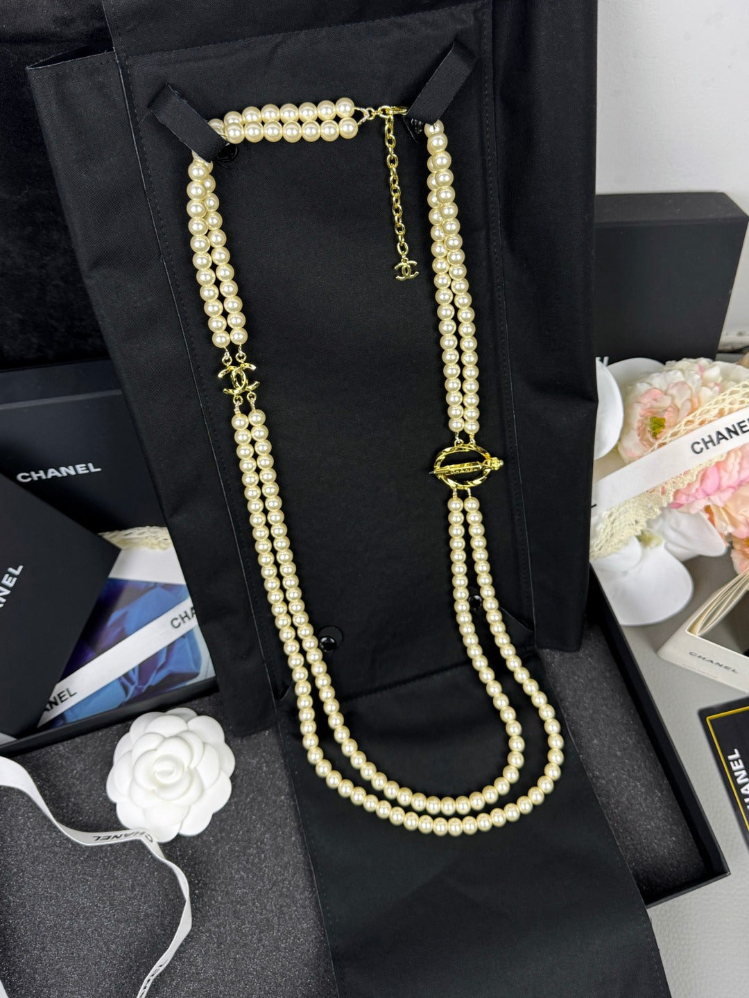[Stars Jewelry]25K Pencil Double C Double-Layer Pearl Sweater Chain