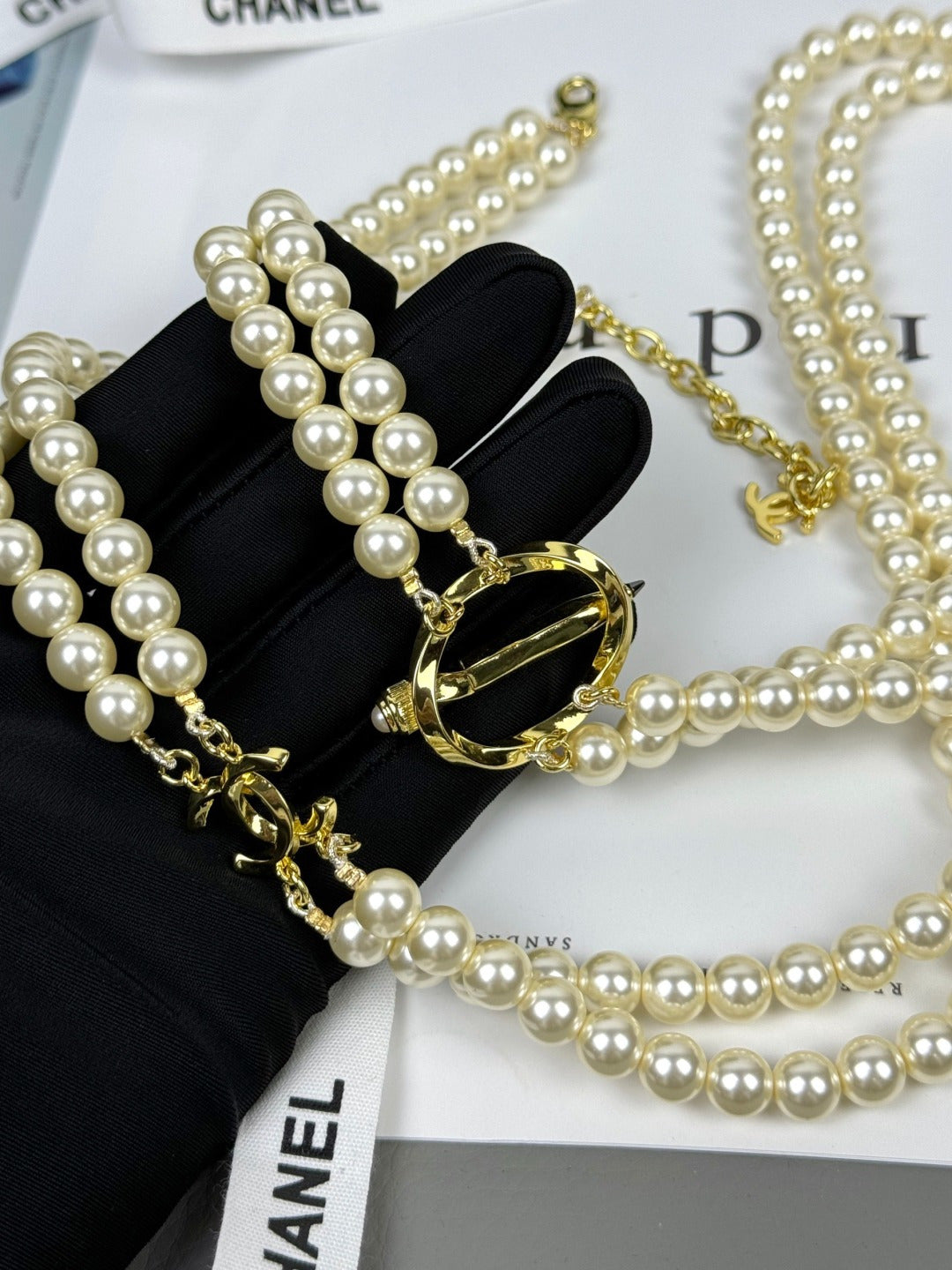 [Stars Jewelry]25K Pencil Double C Double-Layer Pearl Sweater Chain