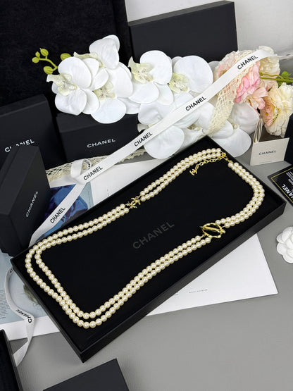 [Stars Jewelry]25K Pencil Double C Double-Layer Pearl Sweater Chain
