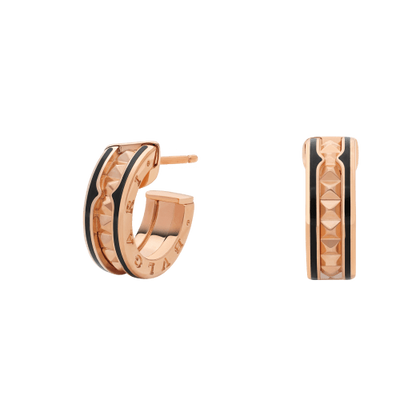 [Stars Jewelry]ZERO 1 ROCK PINK GOLD EARRINGS WITH STUDDED SPIRAL AND BLACK CERAMIC