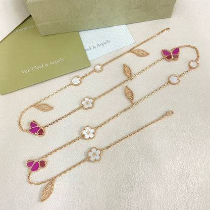 [Stars  Jewelry]ROSE QUARTZ MIXED FLOWER BUTTERFLY SWEATER CHAIN