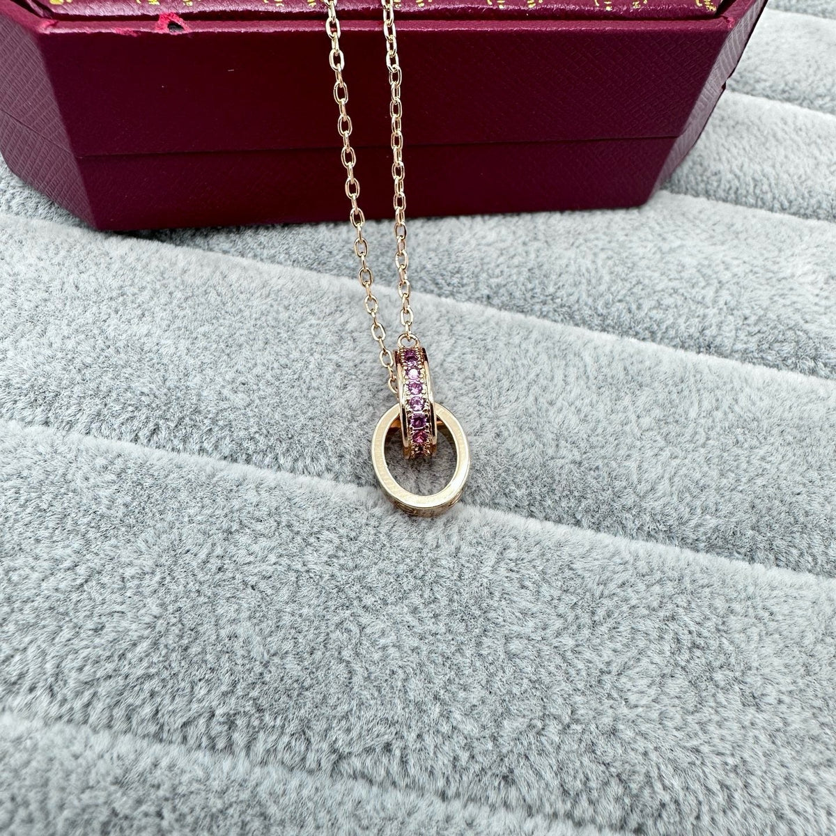 [Stars Jewelry]LOVE DOUBLE PINK STONES RING NECKLACE