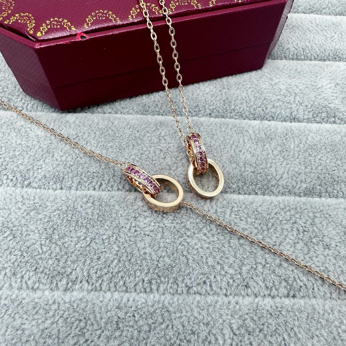 [Stars Jewelry]LOVE DOUBLE PINK STONES RING NECKLACE