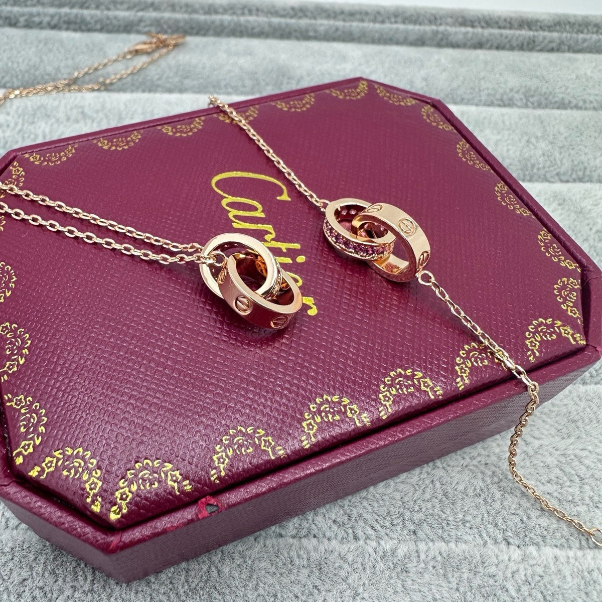 [Stars Jewelry]LOVE DOUBLE PINK STONES RING NECKLACE