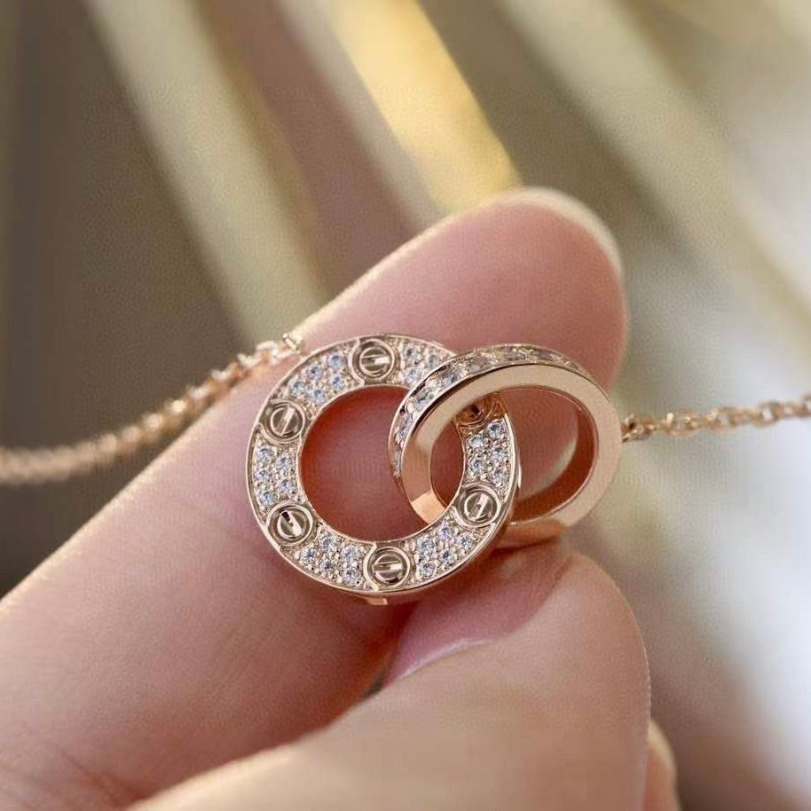 [Stars Jewelry]LOVE 7.6MM NECKLACE ROSE GOLD AND SILVER  FULL DIAMOND