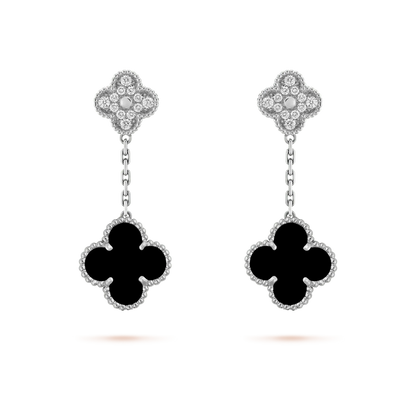 [Stars Jewelry]CLOVER 2 MOTIFS  DIAMOND ONYX EARRINGS SILVER