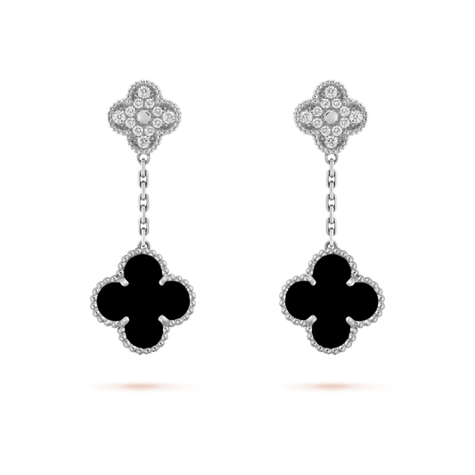 [Stars Jewelry]CLOVER 2 MOTIFS  DIAMOND ONYX EARRINGS SILVER