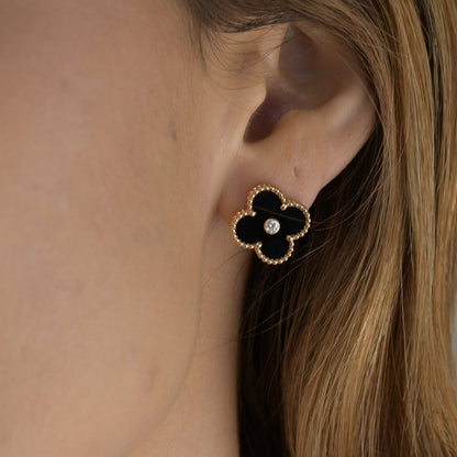 [Stars Jewelry]CLOVER MEDIUM 1 MOTIFS ONYX DIAMOND EARRINGS