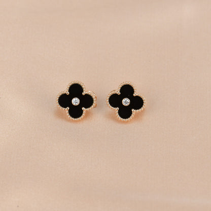 [Stars Jewelry]CLOVER MEDIUM 1 MOTIFS ONYX DIAMOND EARRINGS