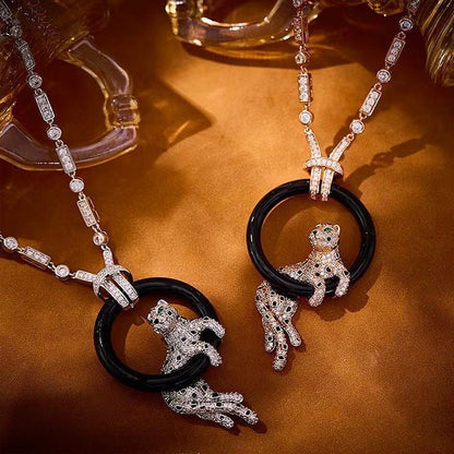 [Stars Jewelry]NEW BLACK CIRCLE PANTHER FULL DIAMOND NECKLACE