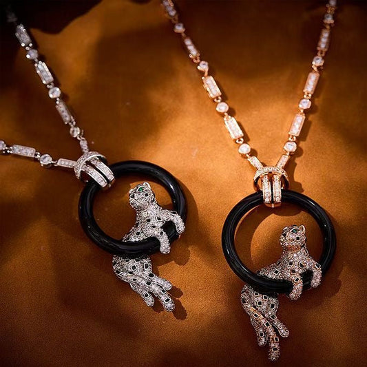 [Stars Jewelry]NEW BLACK CIRCLE PANTHER FULL DIAMOND NECKLACE