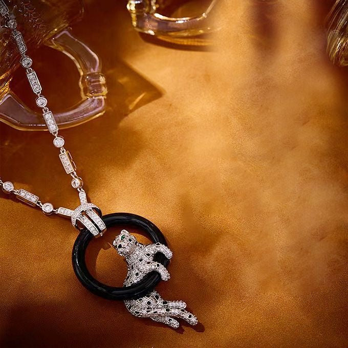 [Stars Jewelry]NEW BLACK CIRCLE PANTHER FULL DIAMOND NECKLACE