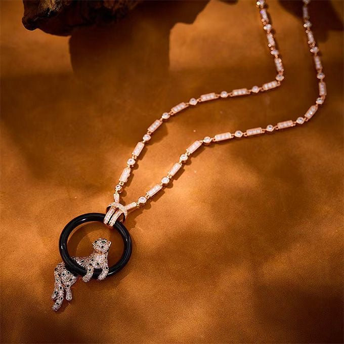 [Stars Jewelry]NEW BLACK CIRCLE PANTHER FULL DIAMOND NECKLACE