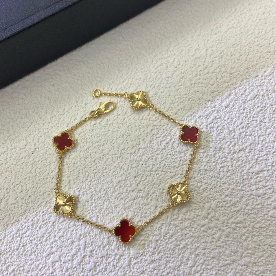 [Stars Jewelry]CLOVER 6 MOTIF RED AGATE LASER BRACELET