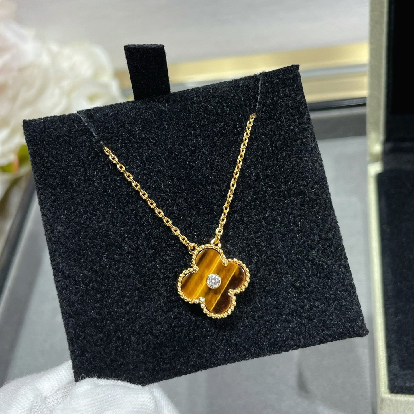 [Stars Jewelry]CLOVER 15MM DIAMOND AND YELLOW TIGER'S EYE AGATE necklace