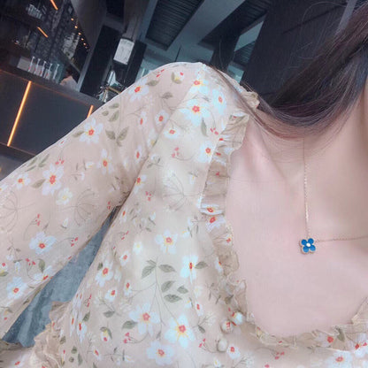 [Stars Jewelry]CLOVER 15MM DIAMOND AND BLUE AGATE NECKLACE