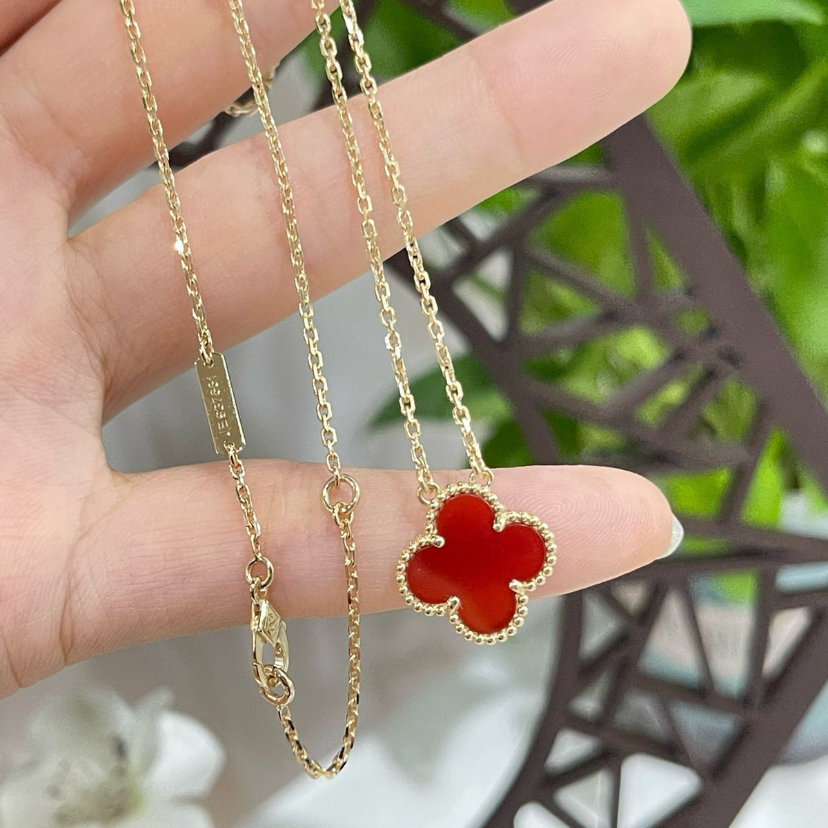 [Stars Jewelry]CLOVER 15MM CARNELIAN SINGLE FLOWER NECKLACE