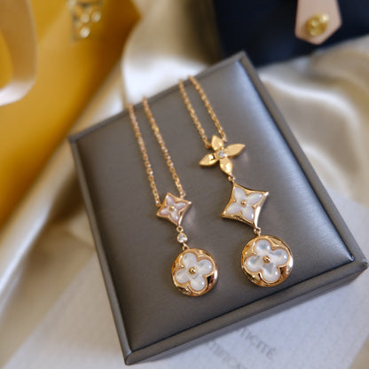 [Stars Jewelry]COLOR BLOSSOM LARIAT NECKLACE PINK GOLD WHITE MOTHER PEARL AND DIAMOND