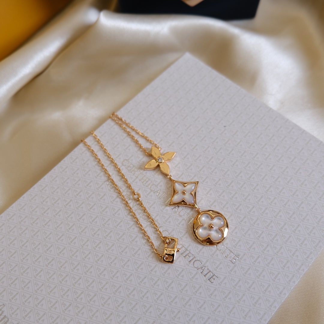 [Stars Jewelry]COLOR BLOSSOM LARIAT NECKLACE PINK GOLD WHITE MOTHER PEARL AND DIAMOND