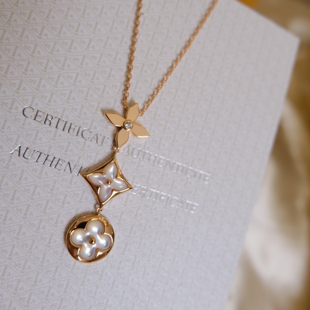 [Stars Jewelry]COLOR BLOSSOM LARIAT NECKLACE PINK GOLD WHITE MOTHER PEARL AND DIAMOND