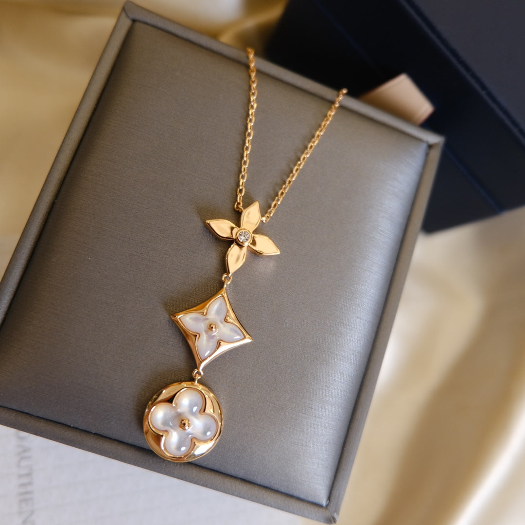 [Stars Jewelry]COLOR BLOSSOM LARIAT NECKLACE PINK GOLD WHITE MOTHER PEARL AND DIAMOND