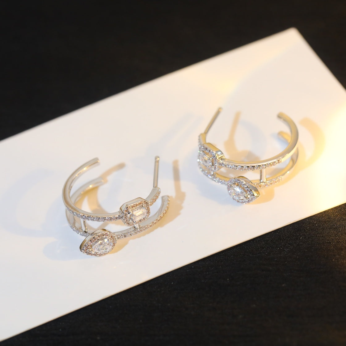[Stars Jewelry]CREOLES MY TWIN 2 RANGS SILVER DIAMOND EARRINGS