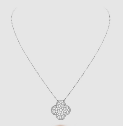 [Stars Jewelry]CLOVER 25MM LARGE PENDANT DIAMOND PAVED SILVER NECKLACE