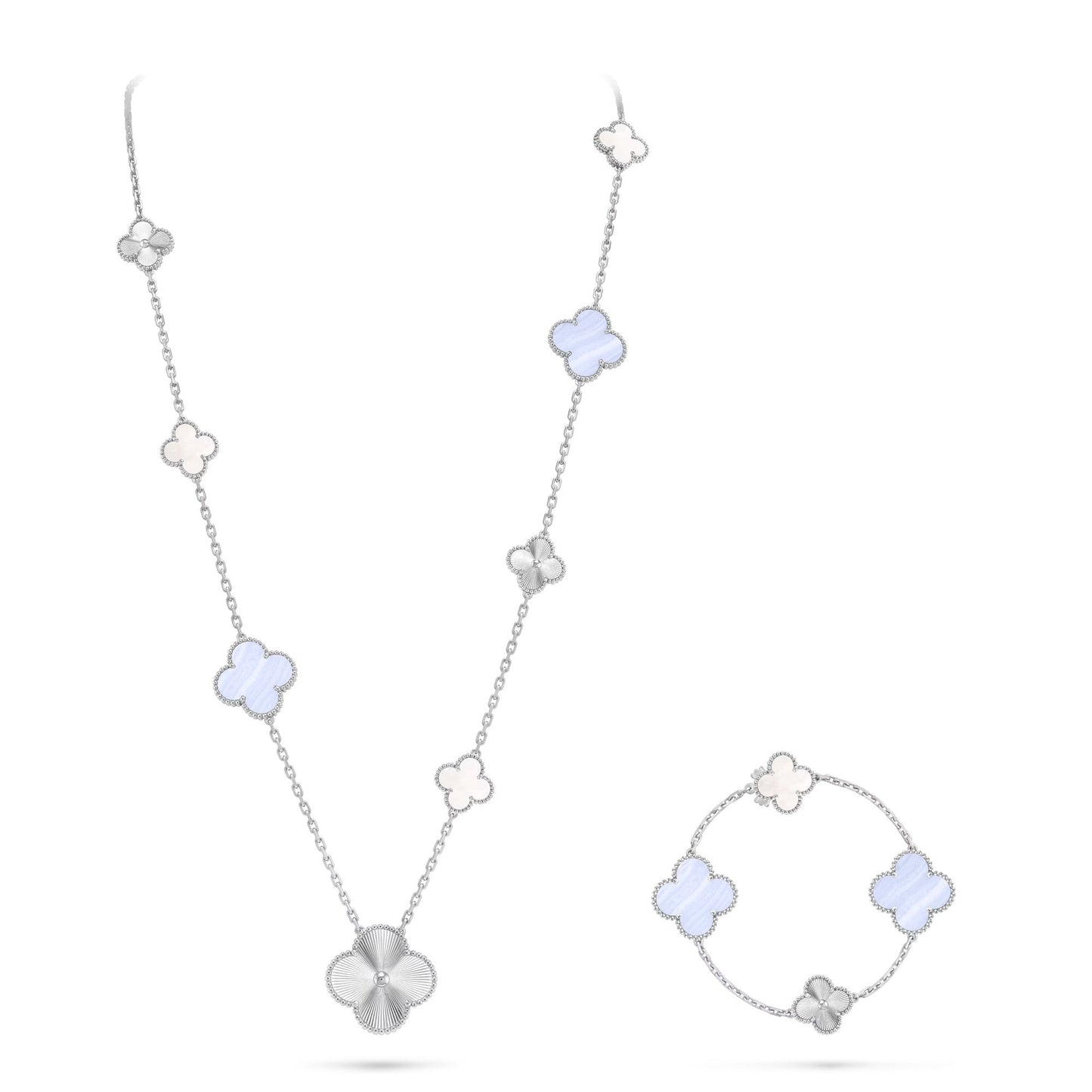 [Stars Jewelry]DETACHABLE CLOVER 15(11+4) FLOWER SILVER NECKLACE SET