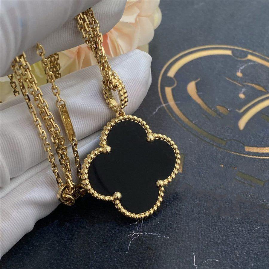 [Stars Jewelry]CLOVER 25MM GOLD ONYX BIG CLOVER NECKLACE