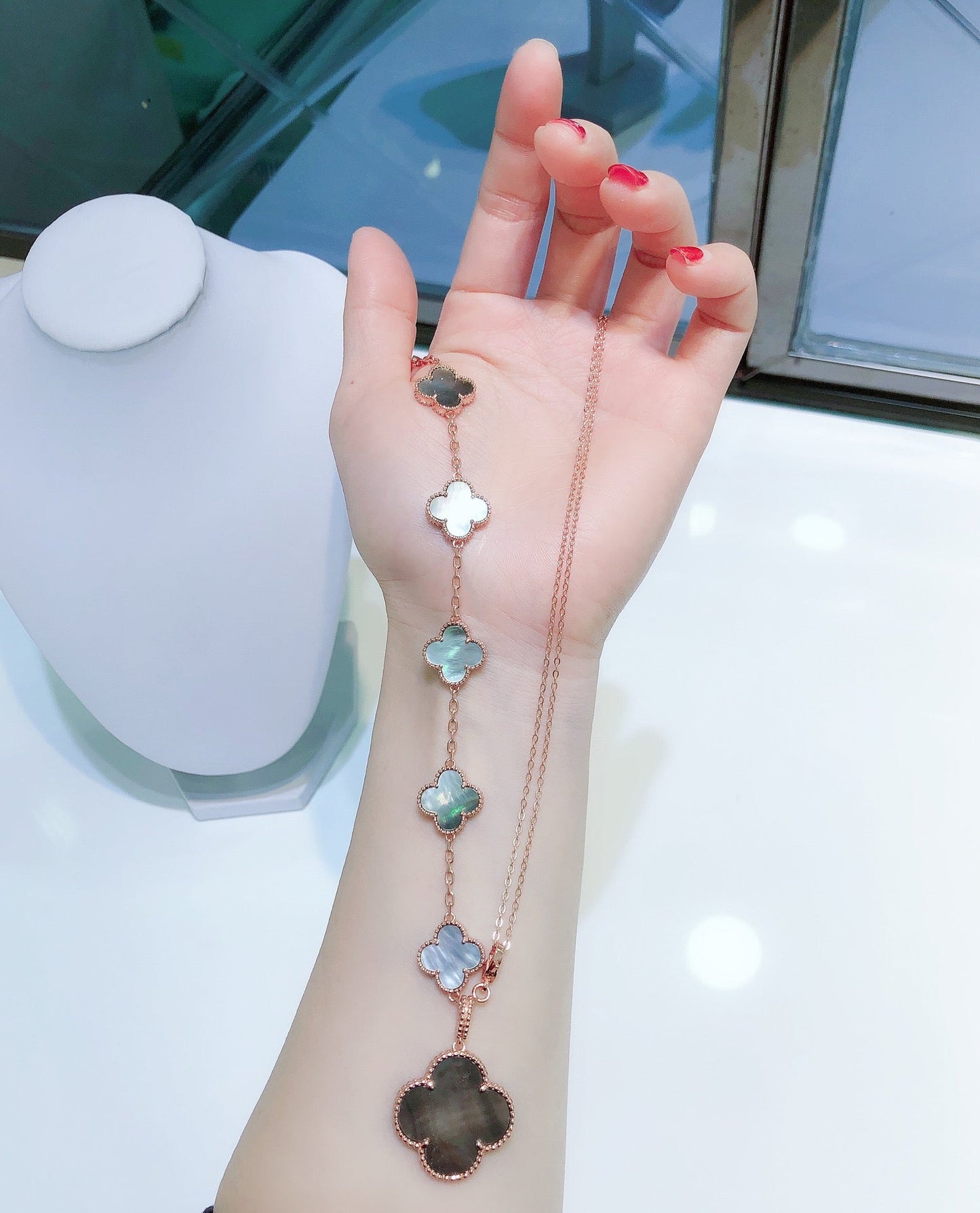 [Stars Jewelry]COMBINED BRACELET 5 MOTIFS AND NECKLACE DARK MOP ROSE GOLD