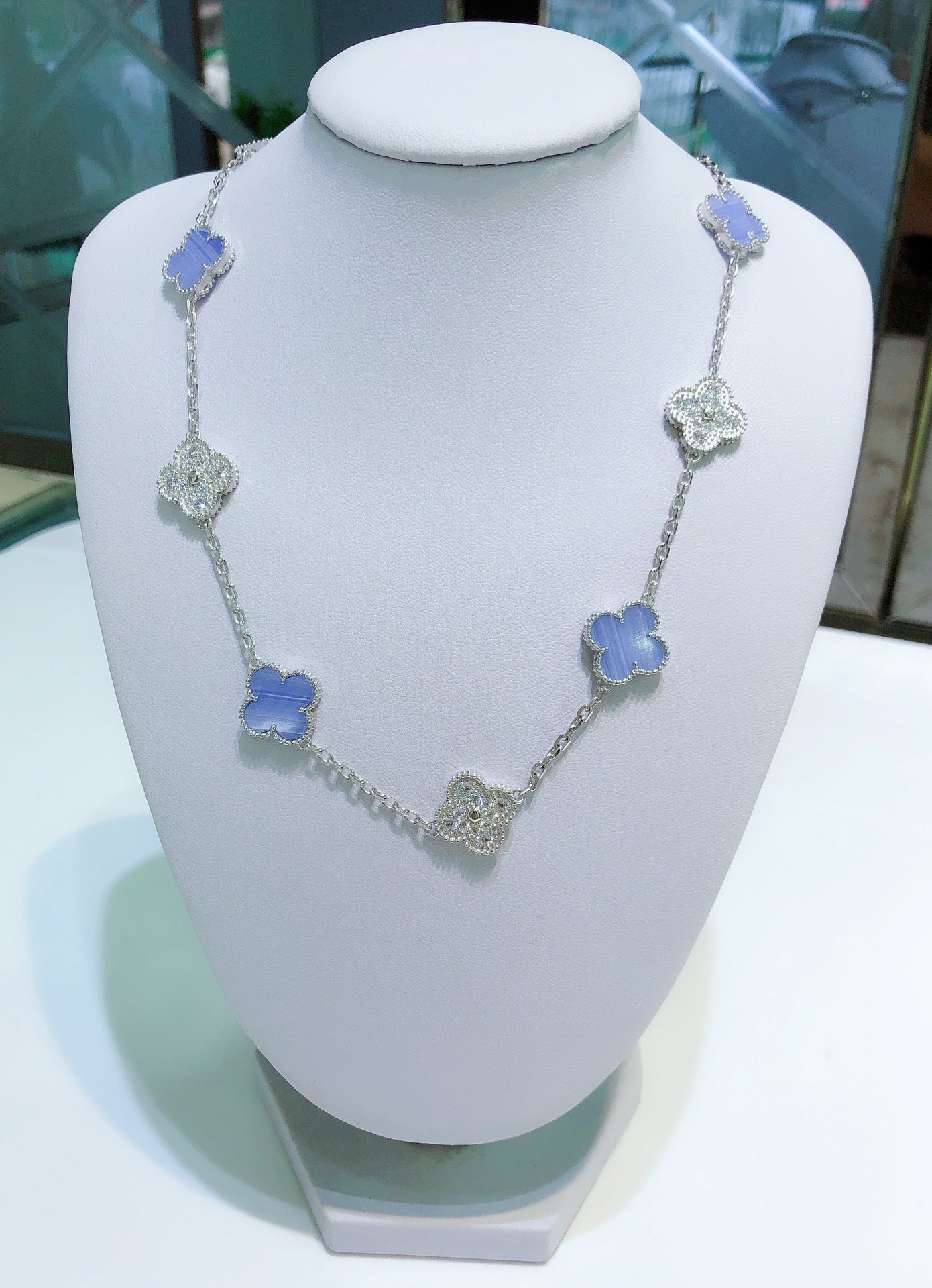 [Stars Jewelry]CLOVER 10 MOTIFS CHALCEDONY DIAMONDS SILVER NECKLACE