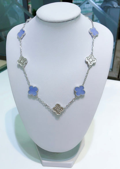 [Stars Jewelry]CLOVER 10 MOTIFS CHALCEDONY DIAMONDS SILVER NECKLACE