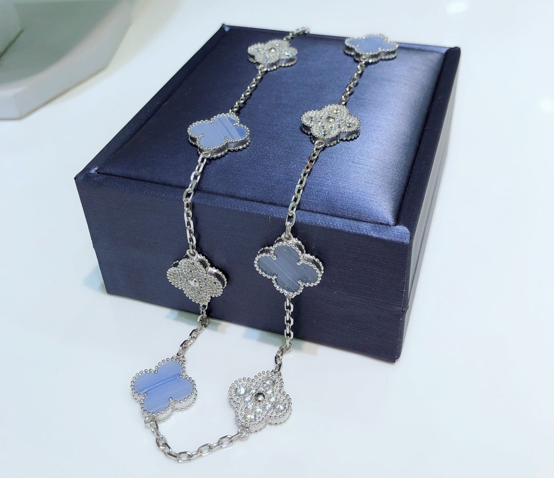 [Stars Jewelry]CLOVER 10 MOTIFS CHALCEDONY DIAMONDS SILVER NECKLACE