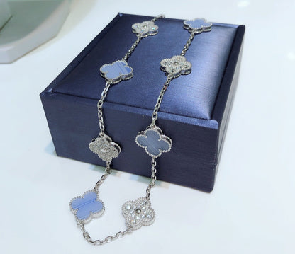 [Stars Jewelry]CLOVER 10 MOTIFS CHALCEDONY DIAMONDS SILVER NECKLACE