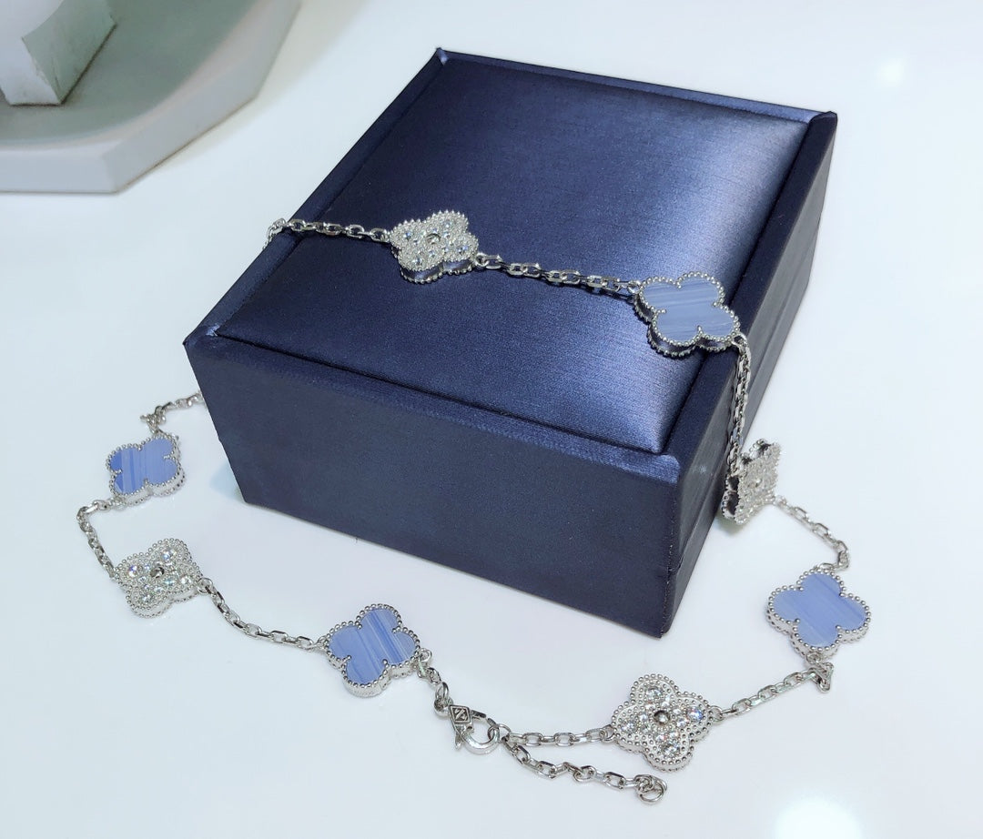 [Stars Jewelry]CLOVER 10 MOTIFS CHALCEDONY DIAMONDS SILVER NECKLACE