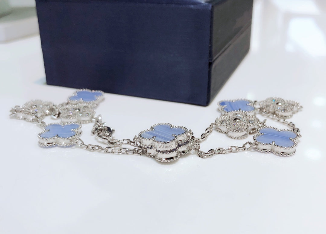 [Stars Jewelry]CLOVER 10 MOTIFS CHALCEDONY DIAMONDS SILVER NECKLACE