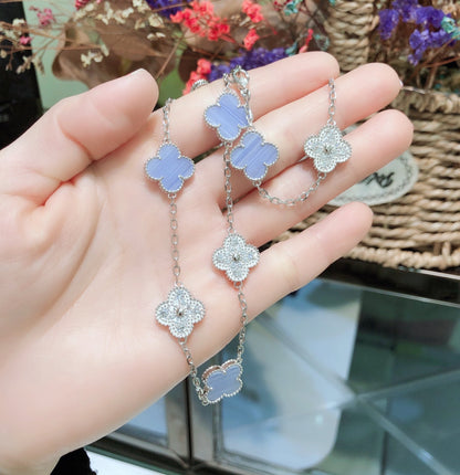 [Stars Jewelry]CLOVER 10 MOTIFS CHALCEDONY DIAMONDS SILVER NECKLACE