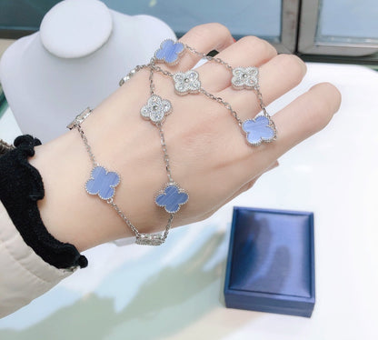 [Stars Jewelry]CLOVER 10 MOTIFS CHALCEDONY DIAMONDS SILVER NECKLACE