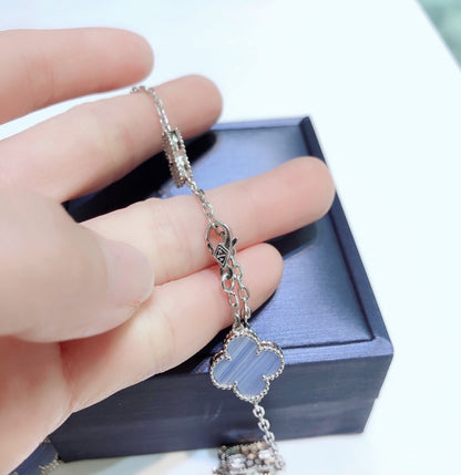 [Stars Jewelry]CLOVER 10 MOTIFS CHALCEDONY DIAMONDS SILVER NECKLACE