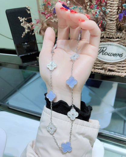 [Stars Jewelry]CLOVER 10 MOTIFS CHALCEDONY DIAMONDS SILVER NECKLACE